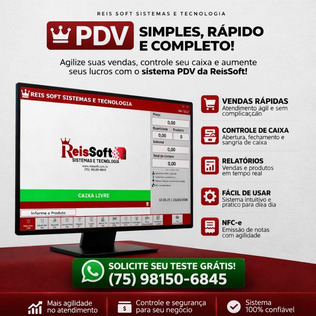 Tela do sistema PDV da ReisSoft com vendas rápidas, controle de caixa, relatórios e NFC-e